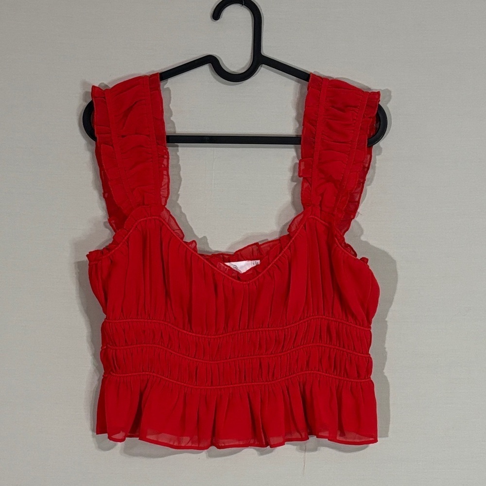 ASTR The Label Red Ruffle Smocked Peplum Crop Top Sz M